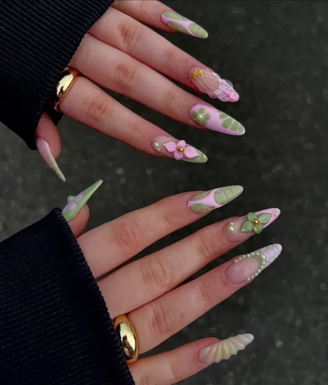 3D floral nails in green and pink