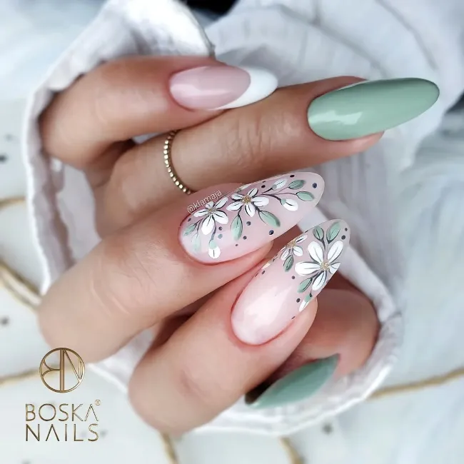 Green and white floral nail art
