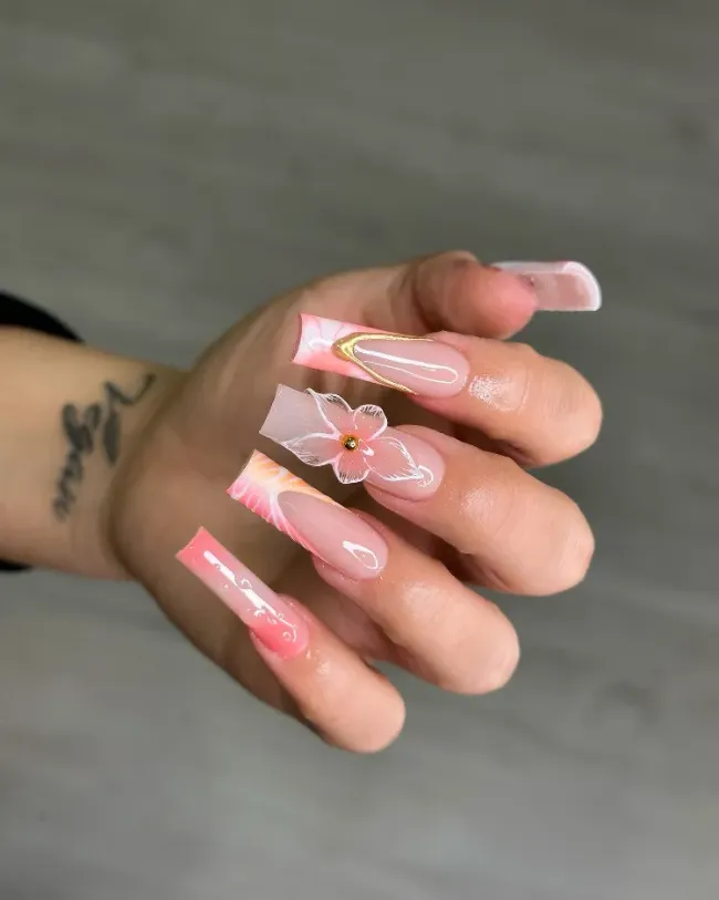 Coral and pink 3D floral nails