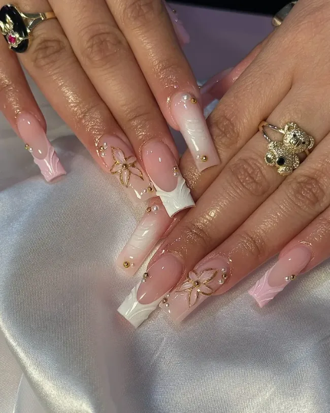 Gold and nude 3D flower nails