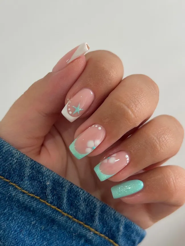 Mint French tips with floral art