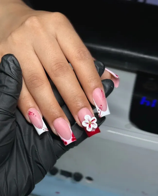 Red and white 3D floral nails
