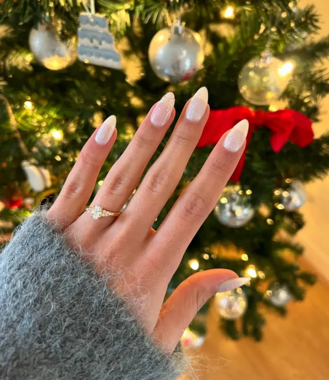 Frosted pearl engagement nails with shimmer