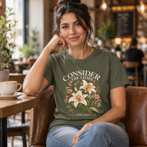 Consider the Lilies Christian Floral Graphic T-Shirt – Luke 12:27 Faith-Inspired Tee
